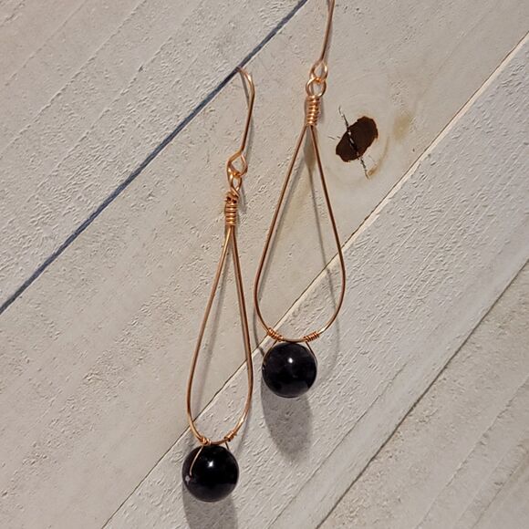 Handmade Teardrop Amethyst Dangle Earrings Copper Wire Wrapped Gemstone - Picture 5 of 8